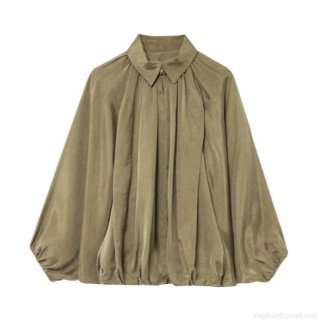 Women Pleated Long Sleeve Blouse Elegant Zipper Collar Lantern Sleeve Solid Color Satin Texture Shirt For Fashion Lady Casual Top