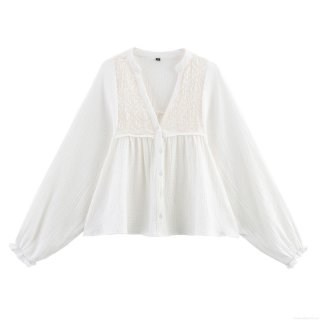 Women's Vintage Embroidered White Blouse V-Neck Long Sleeve Cotton Blend Top Casual Bohemian Crinkled Texture Shirt With Ruffle Cuffs For Women Elegant Loose Fit Summer Spring Apparel