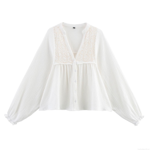 Women's Vintage Embroidered White Blouse V-Neck Long Sleeve Cotton Blend Top Casual Bohemian Crinkled Texture Shirt With Ruffle Cuffs For Women Elegant Loose Fit Summer Spring Apparel