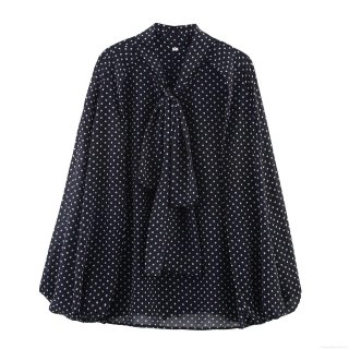 Women's Polka Dot Chiffon Blouse Long Sleeve Bow Tie Shirt Ladylike Casual Button Down Tops Elegant Office Workwear Blouses