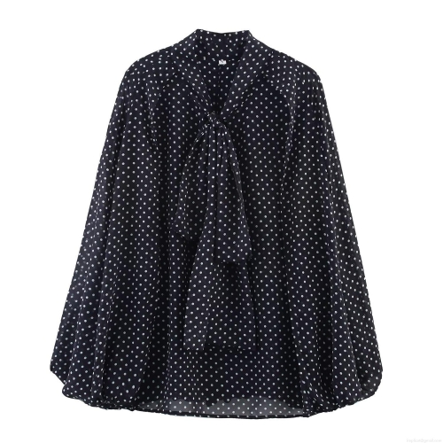 Women's Polka Dot Chiffon Blouse Long Sleeve Bow Tie Shirt Ladylike Casual Button Down Tops Elegant Office Workwear Blouses