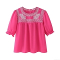 Women's Ethnic Boho Embroidered Blouse 100% Polyester Round Neck Petal Short Sleeve Rose Red Casual Summer Shirt For Ladies