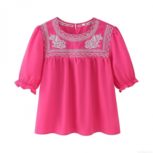 Women's Ethnic Boho Embroidered Blouse 100% Polyester Round Neck Petal Short Sleeve Rose Red Casual Summer Shirt For Ladies