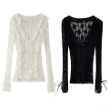 Women's Sexy V-Neck Lace Blouse Long Sleeve Ruffle Tie Hollow Out Mesh Top Elegant Sweet French Style Sheer Pullover Shirt for Daily Party