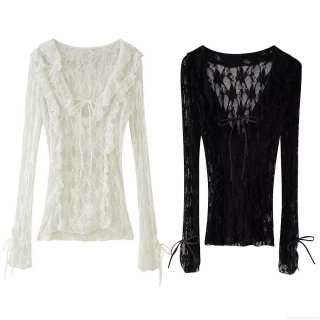 Women's Sexy V-Neck Lace Blouse Long Sleeve Ruffle Tie Hollow Out Mesh Top Elegant Sweet French Style Sheer Pullover Shirt for Daily Party