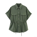Women's Safari Style Linen Blend Shirt Short Sleeve Button Down Waist Drawstring Utility Tops With Flap Pockets Women Summer Casual Office Lady Blouses
