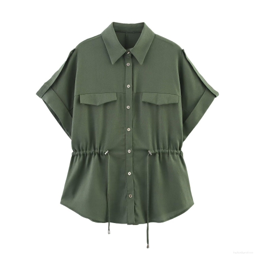 Women's Safari Style Linen Blend Shirt Short Sleeve Button Down Waist Drawstring Utility Tops With Flap Pockets Women Summer Casual Office Lady Blouses