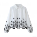 Women's Long Sleeve Blouse White 100% Polyester Black Floral Embroidery Lapel Collar Button Down Loose Fit Casual Elegant Shirt For Women Streetwear