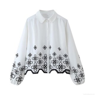 Women's Long Sleeve Blouse White 100% Polyester Black Floral Embroidery Lapel Collar Button Down Loose Fit Casual Elegant Shirt For Women Streetwear