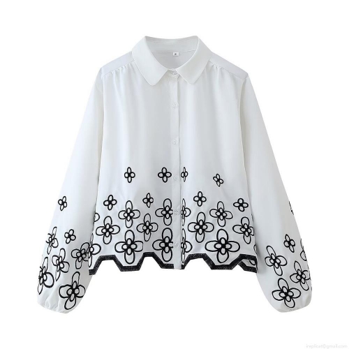 Women's Long Sleeve Blouse White 100% Polyester Black Floral Embroidery Lapel Collar Button Down Loose Fit Casual Elegant Shirt For Women Streetwear