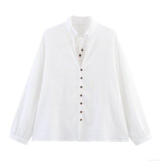 Elegant Women's White Long Sleeve Blouse Featuring Ruffle Stand Collar Tied Neckline Wood Buttons Polyester Casual Plain Solid Color Blouses Shirt Top