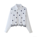 Women's Elegant 100% Polyester Long Sleeve White Shirt With Floral Embroidery And Scalloped Eyelet Hem For Daily Casual Party Date Ladies Fashion Blouse