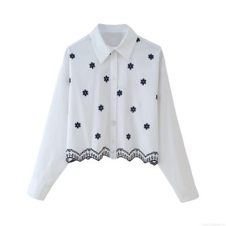 Women's Elegant 100% Polyester Long Sleeve White Shirt With Floral Embroidery And Scalloped Eyelet Hem For Daily Casual Party Date Ladies Fashion Blouse