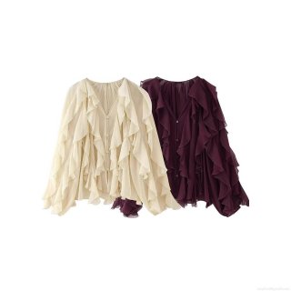 Women's French Style Ruffle Blouse Long Sleeve V-Neck Layered Chiffon Texture Shirt Elegant Solid Color Polyester Top for Daily Party