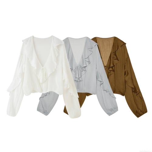 Women Elegant Mesh Blouse Long Sleeve Deep V Neck Ruffle Trim Front Tie Shirt Lantern Sleeve Solid Color Sweet Casual Top Fashion Apparel