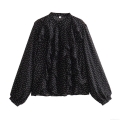Women's Elegant Polka Dot Chiffon Shirt Ruffle Trim Long Sleeve Stand Collar Casual Loose Blouse Top for Office Dating