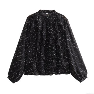 Women's Elegant Polka Dot Chiffon Shirt Ruffle Trim Long Sleeve Stand Collar Casual Loose Blouse Top for Office Dating