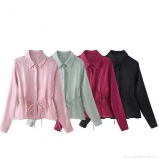 Women's Elegant Satin Blouse Long Sleeve Button Down Shirt With Bow Tie Waist Shiny Solid Color 100% Polyester Office Lady Tops For Women