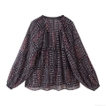 Women Bohemian Paisley Print Chiffon Blouse Vintage V Neck Long Sleeve Loose Pullover Tops Casual Lightweight Shirt