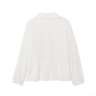 Women's French Vintage V Neck Blouse Shirt Long Sleeve Lace Patchwork Single Breasted Ruffle Hem Faux Linen Cotton Top For Elegant Lady Daily Wear