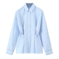 Women Elegant Pale Blue Long Sleeve Button Down Shirt Slim Fit Waist Cinching Polyester Blouse For Office Daily Wear Casual Solid Color Tops