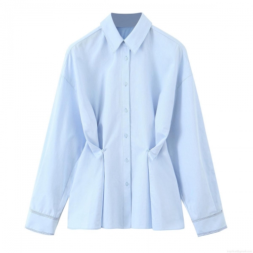 Women Elegant Pale Blue Long Sleeve Button Down Shirt Slim Fit Waist Cinching Polyester Blouse For Office Daily Wear Casual Solid Color Tops