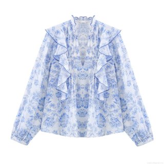 Elegant Women's V-Neck Floral Print Ruffle Blouse Long Sleeve Polyester Tops Casual Office Sweet Shirt For Women