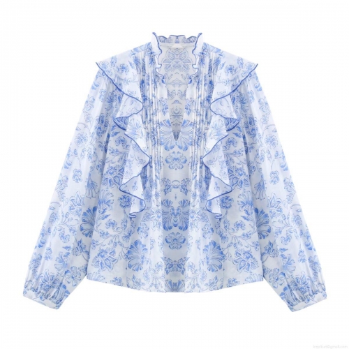 Elegant Women's V-Neck Floral Print Ruffle Blouse Long Sleeve Polyester Tops Casual Office Sweet Shirt For Women