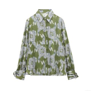 Women's Paisley Print Long Sleeve Blouse Metallic Lurex Chiffon Shirt With Tie Cuffs Turndown Collar Loose Casual Tops For Spring Autumn Ladies Fashion