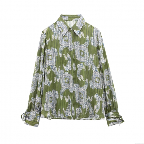 Women's Paisley Print Long Sleeve Blouse Metallic Lurex Chiffon Shirt With Tie Cuffs Turndown Collar Loose Casual Tops For Spring Autumn Ladies Fashion
