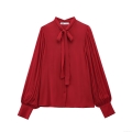 Elegant Women's Chiffon Blouse Long Sleeve Pleated Lantern Sleeve Bow Tie Neck Shirt For Office Commuting Professional Solid Wine Red Tops