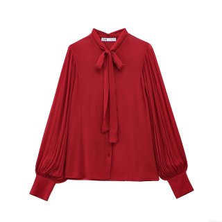 Elegant Women's Chiffon Blouse Long Sleeve Pleated Lantern Sleeve Bow Tie Neck Shirt For Office Commuting Professional Solid Wine Red Tops