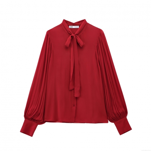Elegant Women's Chiffon Blouse Long Sleeve Pleated Lantern Sleeve Bow Tie Neck Shirt For Office Commuting Professional Solid Wine Red Tops