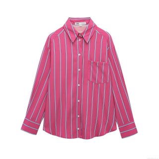 Women's Sweet Fresh Striped Long Sleeve Shirt Button Down Lapel Blouse With Chest Pocket Casual Polyester Spandex Top For Daily Vacation Office Wear