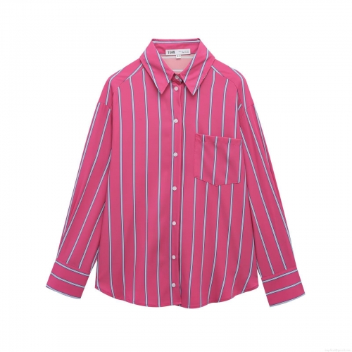 Women's Sweet Fresh Striped Long Sleeve Shirt Button Down Lapel Blouse With Chest Pocket Casual Polyester Spandex Top For Daily Vacation Office Wear