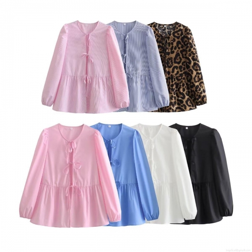 French Sweet Polyester Ribbon Tie Blouse Ruffle Hem Puff Sleeve Shirt For Women Elegant Long Sleeve Striped Leopard Top For Daily Dating