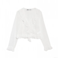 Elegant White V-Neck Chiffon Blouse For Women Ruffle Long Sleeve Cropped Shirt Fashion Sweet Solid Color Polyester Tops Ladies Daily Wear