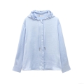 French Style Satin Hooded Shirt Women's Elegant Light Blue Long Sleeve Button Down Blouse With Drawstring For Daily Casual Wear