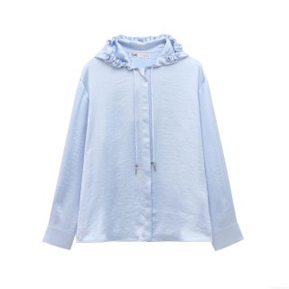French Style Satin Hooded Shirt Women's Elegant Light Blue Long Sleeve Button Down Blouse With Drawstring For Daily Casual Wear