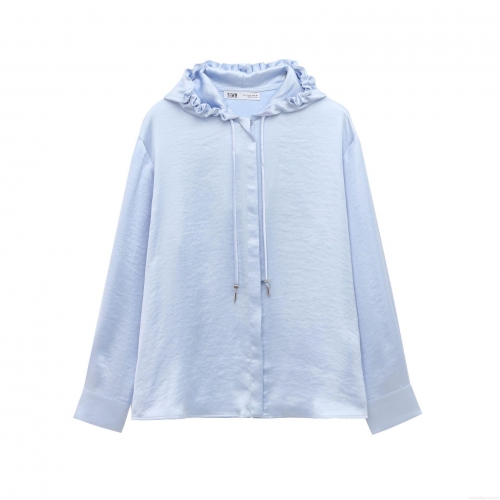 French Style Satin Hooded Shirt Women's Elegant Light Blue Long Sleeve Button Down Blouse With Drawstring For Daily Casual Wear