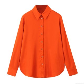 Women's Satin Silky Long Sleeve Blouse Fashionable Orange Lapel Collar Button Up Shirt With Drawstring Back Casual Office Party Plain Tops