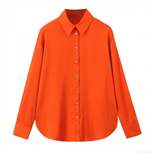Women's Satin Silky Long Sleeve Blouse Fashionable Orange Lapel Collar Button Up Shirt With Drawstring Back Casual Office Party Plain Tops