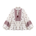 Women's Bohemian Paisley Printed Blouse Ruffle V-Neck Tassel Tie Long Sleeve Lantern Sleeve Shirt Casual Vintage Smocked Hem Pullover Top