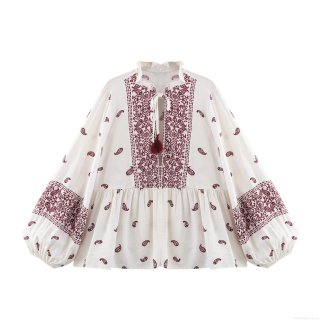 Women's Bohemian Paisley Printed Blouse Ruffle V-Neck Tassel Tie Long Sleeve Lantern Sleeve Shirt Casual Vintage Smocked Hem Pullover Top