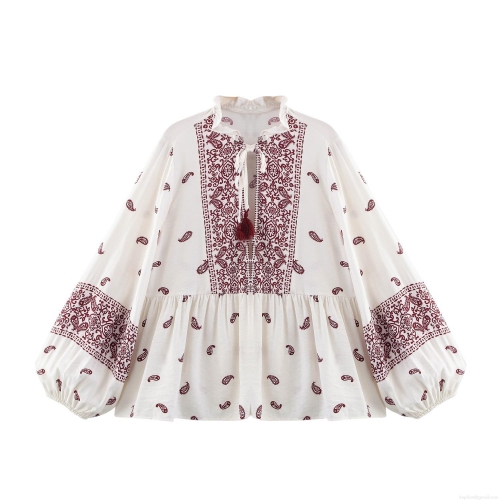 Women's Bohemian Paisley Printed Blouse Ruffle V-Neck Tassel Tie Long Sleeve Lantern Sleeve Shirt Casual Vintage Smocked Hem Pullover Top