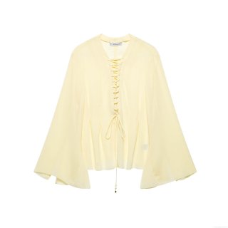Women's Chiffon V-Neck Blouse With Lace-Up Front And Long Flare Sleeves Casual Sweet Solid Color Top Featuring Drawstring Hem With Gold Beads For Ladies