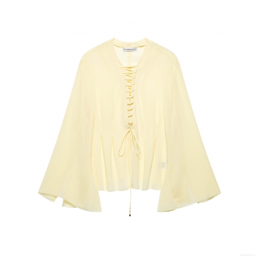 Women's Chiffon V-Neck Blouse With Lace-Up Front And Long Flare Sleeves Casual Sweet Solid Color Top Featuring Drawstring Hem With Gold Beads For Ladies