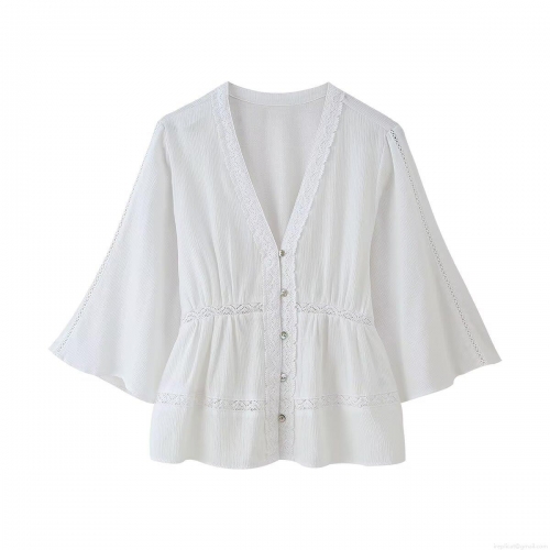 Elegant White V-Neck Lace Blouse For Women Vintage Textured Long Flared Sleeve Button Up Shirt French Sweet Smocked Waist Tops For Party Daily