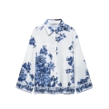 Women's Long Sleeve Button Down Blouse Shirt Blue And White Floral Butterfly Print Elegant Lapel Collar Casual Office Top With Waist Tie