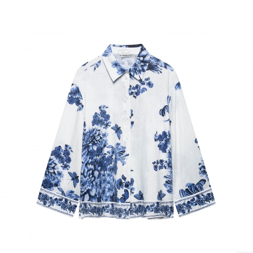 Women's Long Sleeve Button Down Blouse Shirt Blue And White Floral Butterfly Print Elegant Lapel Collar Casual Office Top With Waist Tie